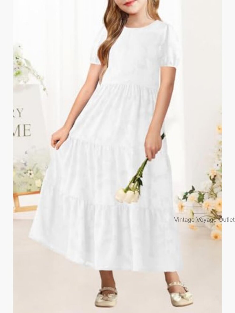 Girls Flowy A-Line Maxi Dress with Pockets Short Sleeve - Picture 4 of 7